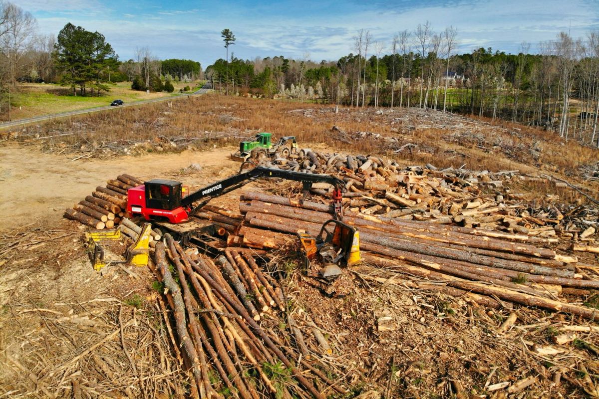 Aerial view of a tract being cleared, with a log loader stacking cut timber beside a road